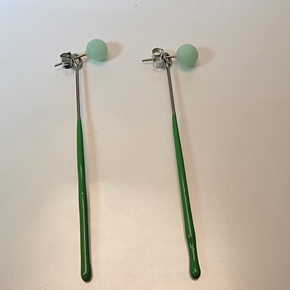 Mint Green Ceramic Barbell Earrings with Stainless Steel Posts, Minimalist